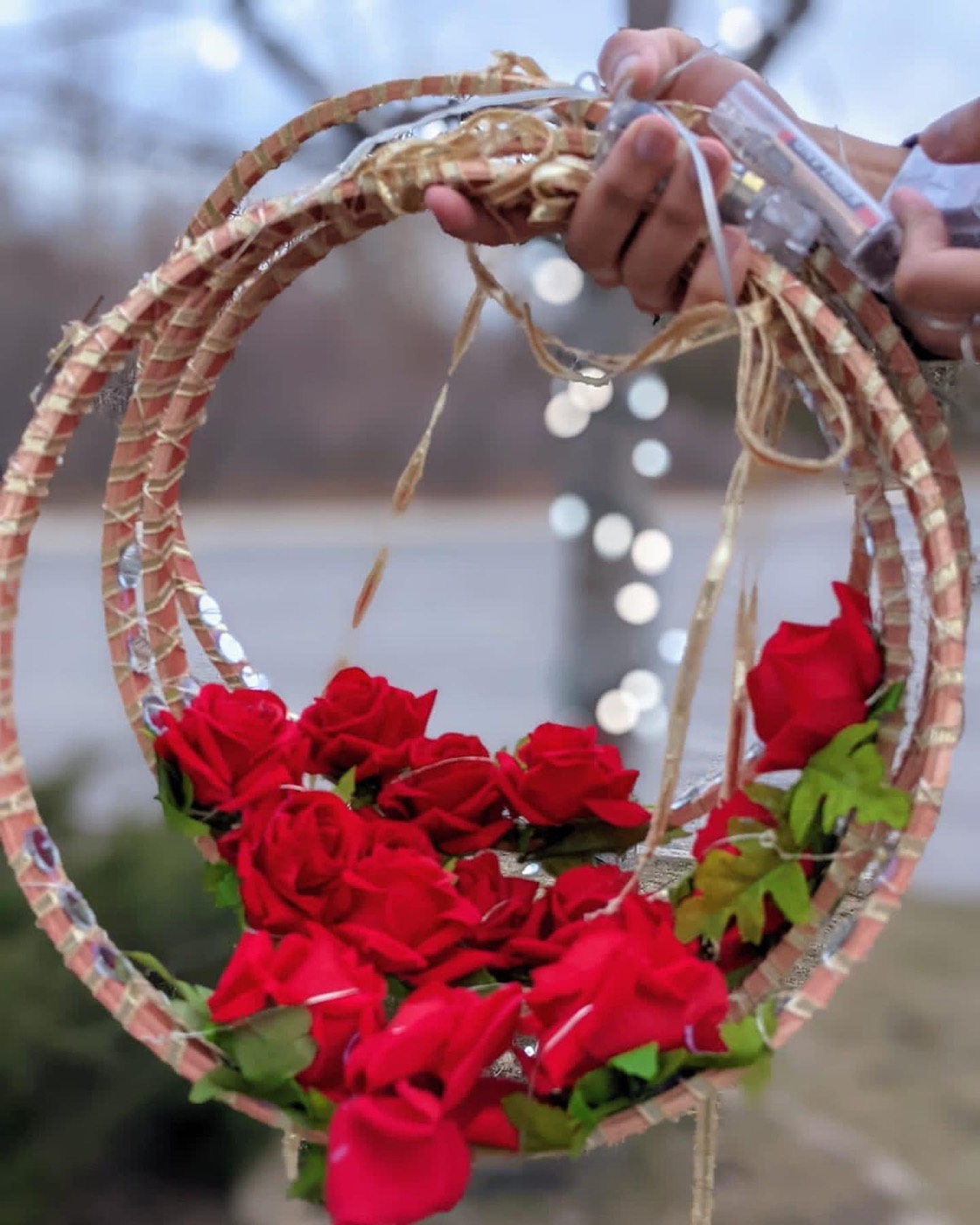 Delicate Floral Hoops for your events Decorated with roses, sparkling gotta, and LED lights — Faya