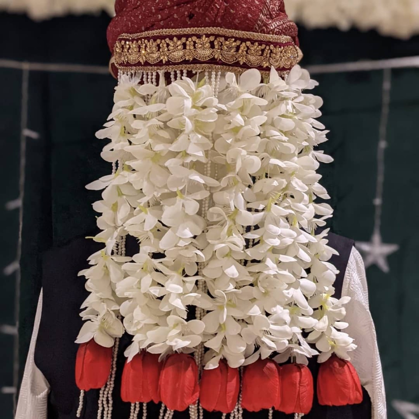 Traditional floral Sehra decorated with flowers, beeds and gotta worked head piece — Faya, Ottawa